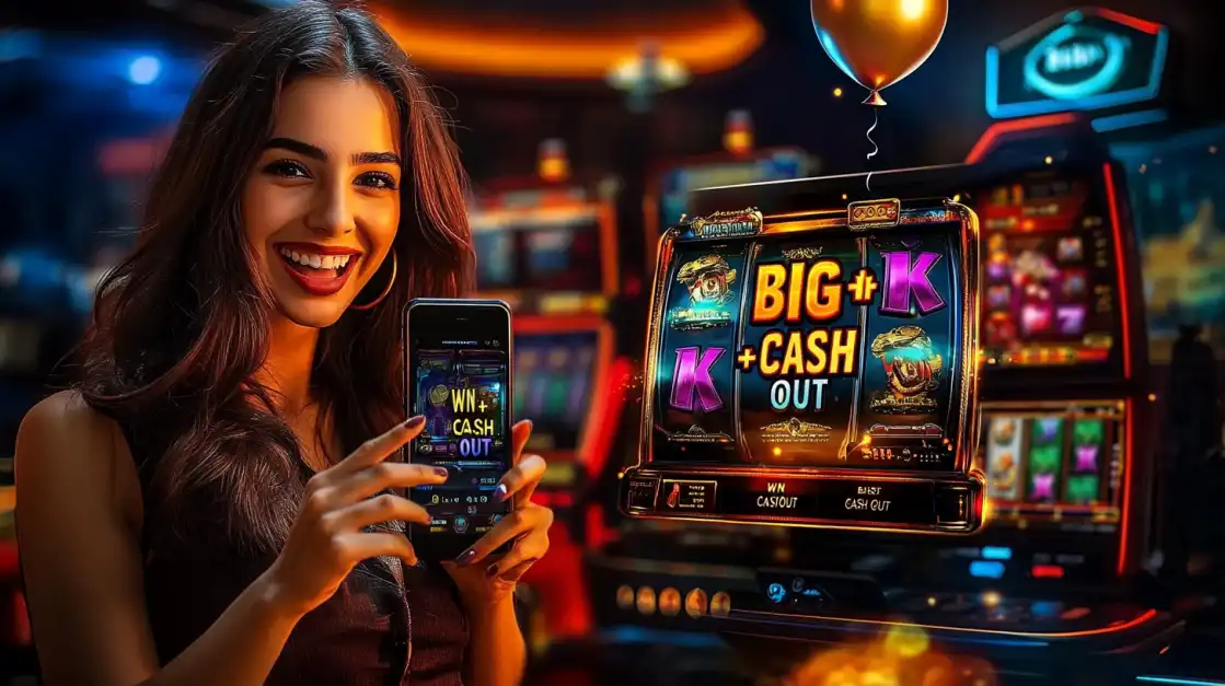 Cheerful woman in red dress with yellow balloon near yesb.com Big Win Cash Out slot machine display