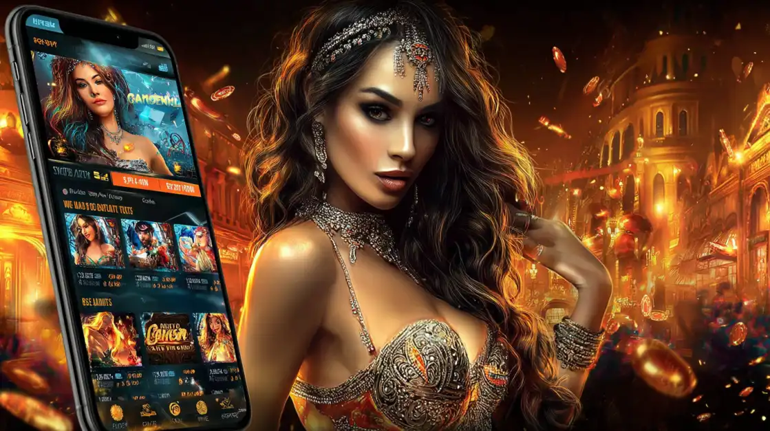 Happy woman holding smartphone next to yesb.com Big K Cash Out slot machine displaying winning symbols