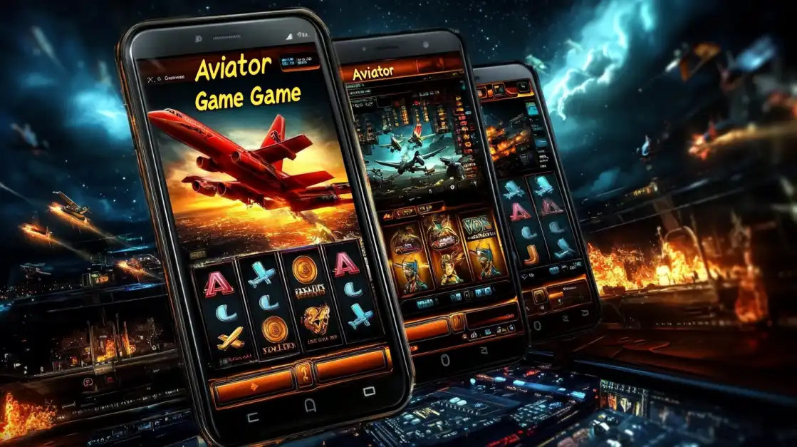 Three smartphones displaying yesb.com Aviator Game interfaces with red aircraft and slot symbols in dramatic warfare setting
