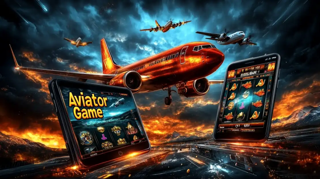Tablet and smartphone showing yesb.com Aviator Game with commercial aircraft flying through stormy clouds and mountainous landscape