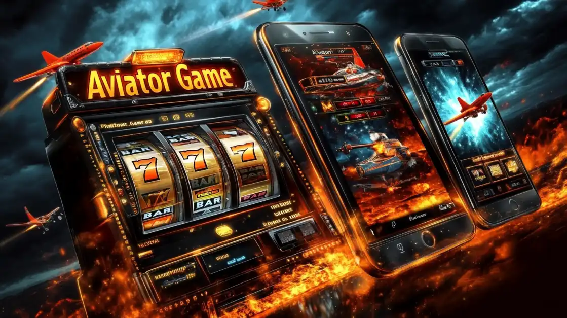 Classic yesb.com Aviator slot machine with lucky sevens and mobile devices surrounded by flying aircraft in fiery atmosphere