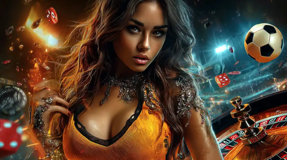 Woman in yellow dress surrounded by floating soccer ball, dice and roulette wheel representing yesb.com sports and casino gaming