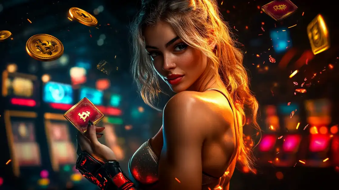 Woman in red leather outfit surrounded by floating casino chips representing yesb.com nightlife gaming atmosphere