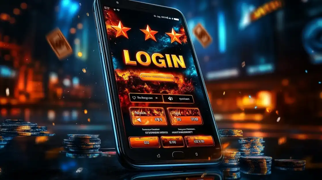 Smartphone showing yesb.com login interface with three orange stars and casino chip stacks in urban setting