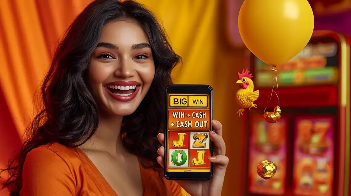 Smiling woman in orange dress displaying yesb.com Big Win slot game with yellow balloon and rooster symbol