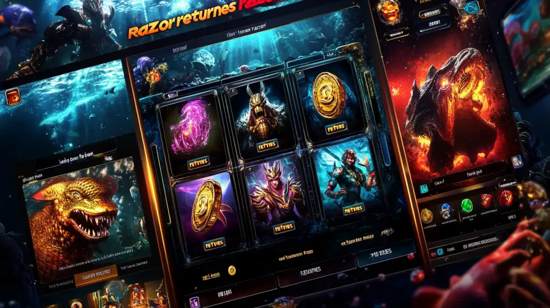 Computer monitor showing yesb.com Razor Returns game interface with fantasy characters and underwater theme
